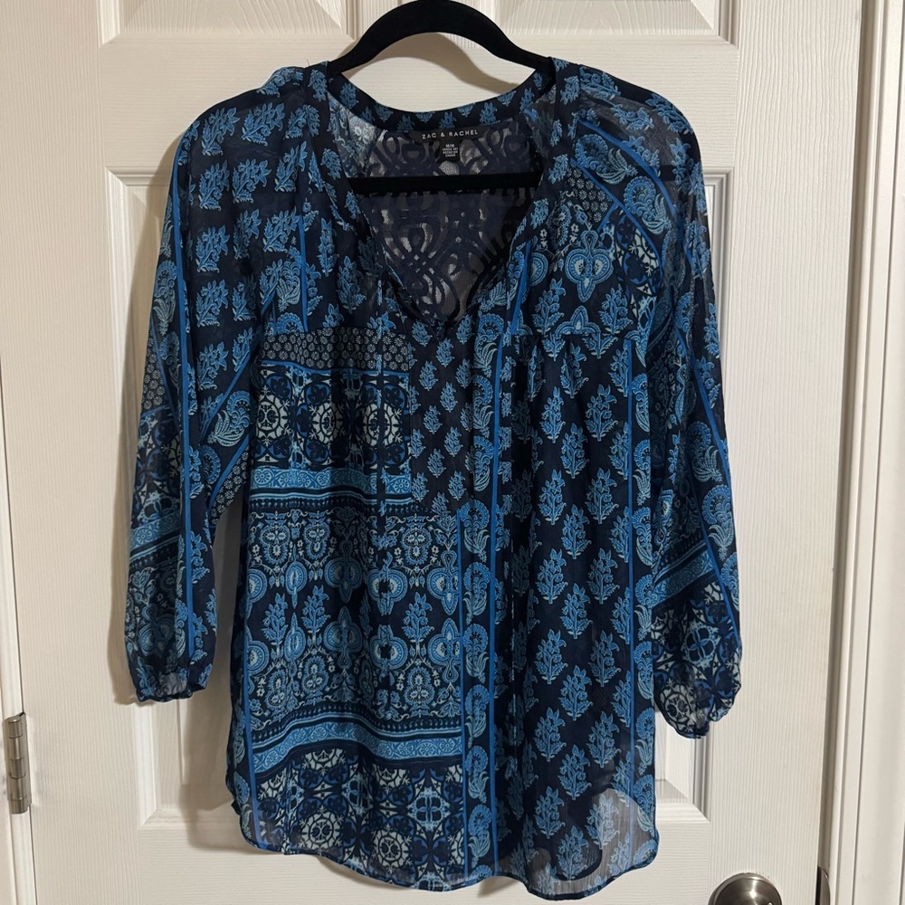 Zac & Rachel Blue Patchwork Boho Blouse Crochet Lace Back Split Neck Top Medium